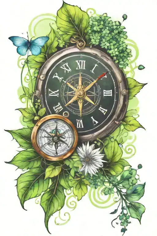 tide and time clock and compass flaming arrows over a field of four leaf clovers with dandelion seeds float air tattoo design idea