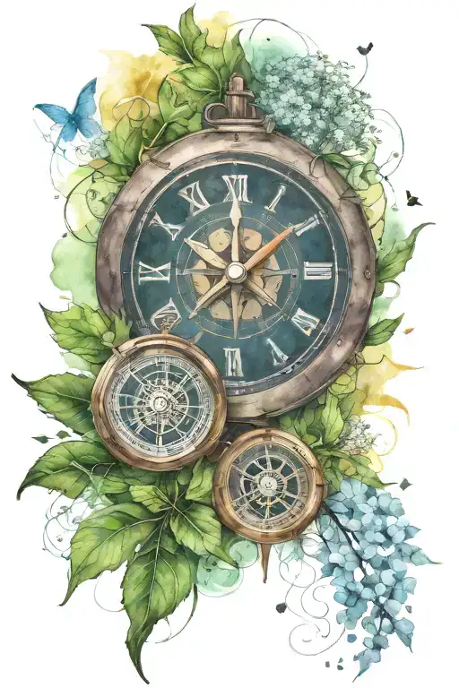 tide and time with dandelion seeds float air clock and compass tattoo design idea
