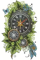 tide and time clock and compass flaming arrows over a field of four leaf clovers with dandelion seeds float air tattoo design idea