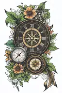 tide and time clock and compass flaming arrows over a field of four leaf clovers with dandelion seeds float air tattoo design idea