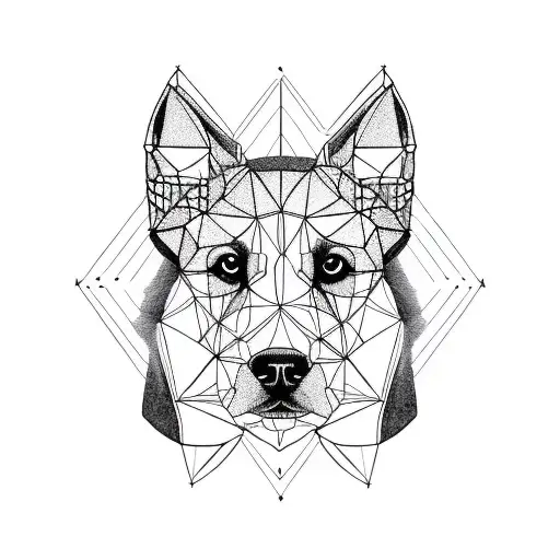 Half realistic dog half geometric outline of dog's face With rhombus design outlining the entire image tattoo design idea