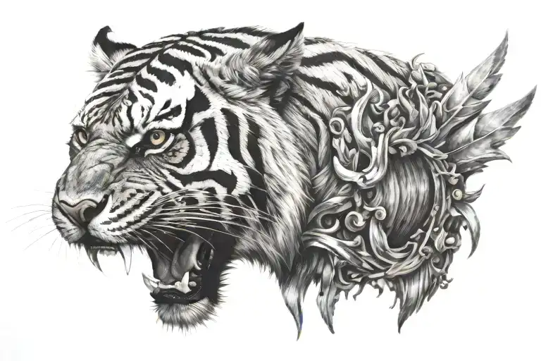 griffon in mouth of a tiger head tattoo design idea
