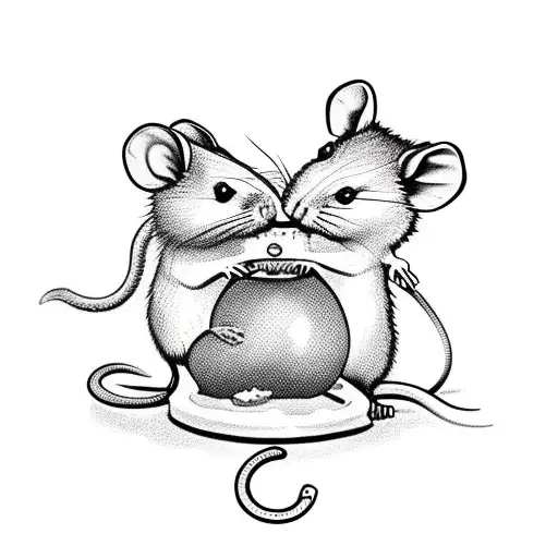 cute rat and hamster eating a nut, the rat is hugging the hamster with his tail tattoo design idea