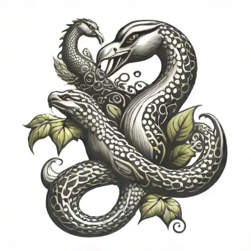 swan, hound dog, lizard and vine swirls dots tattoo design idea