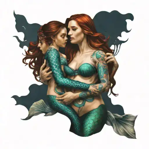 mermaid with two daughters holding hands tattoo design idea