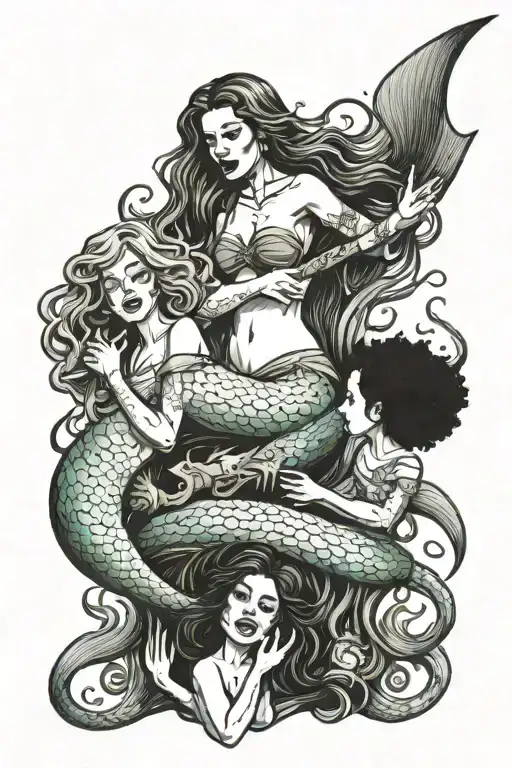 Mermaid with two daughters sing underwater brutal death metal tattoo design idea