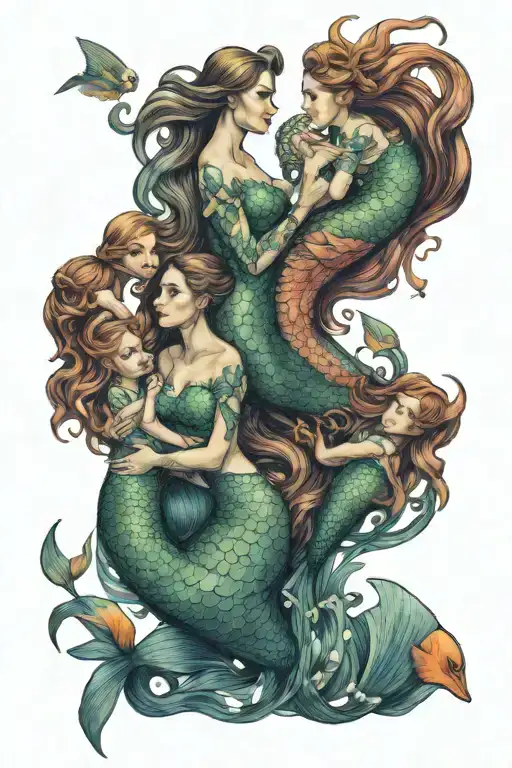 Mermaid with two daughters sing underwater and prawns tattoo design idea