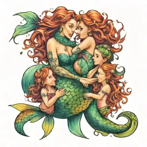 mermaid with two daughters holding hands tattoo design idea