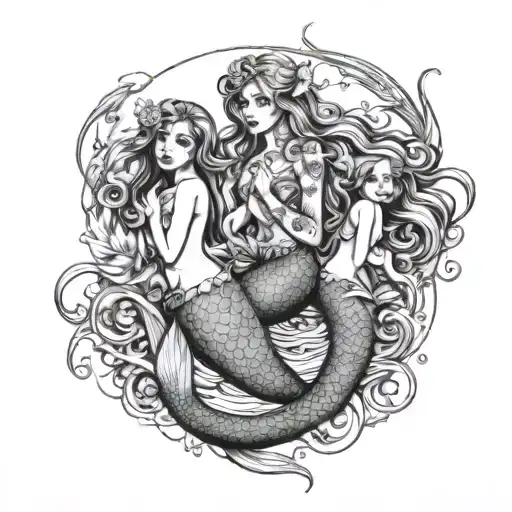 mermaid brutal death metal with two daugthers tattoo design idea