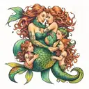 mermaid with two daughters holding hands tattoo design idea