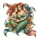 mermaid with two daughters holding hands tattoo design idea