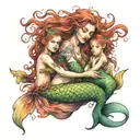 mermaid with two daughters holding hands tattoo design idea