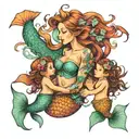 mermaid with two daughters holding hands tattoo design idea