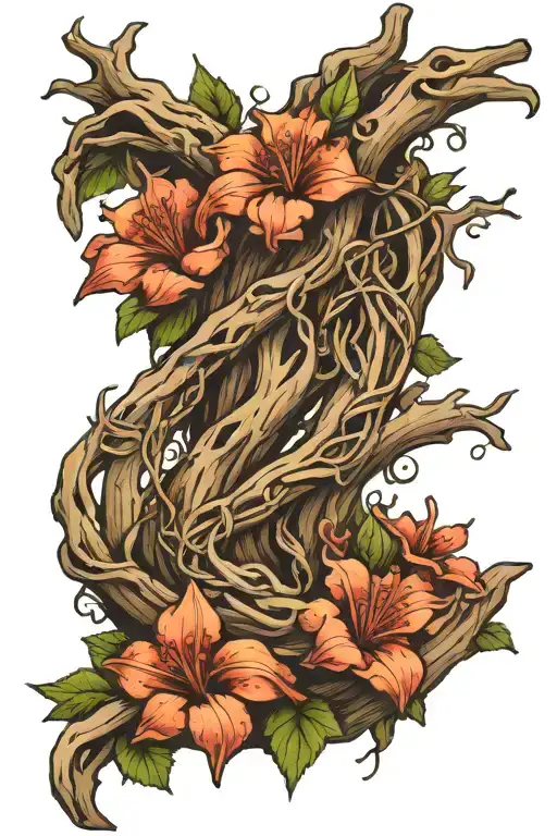 driftwood with vine and flowers intertwined tattoo design idea