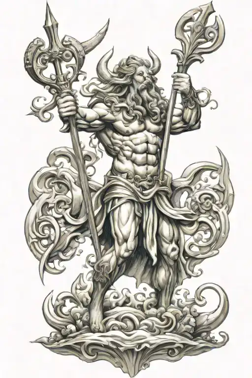 poseidon holding trident surrounded tattoo design idea