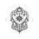 A dotwork tattoo featuring a Hamsa hand surrounded by Gothic-style buildings inspired by Germany tattoo design idea