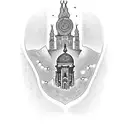 A dotwork tattoo featuring a Hamsa hand surrounded by Gothic-style buildings inspired by Germany tattoo design idea