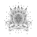 A dotwork tattoo featuring a Hamsa hand surrounded by Gothic-style buildings inspired by Germany tattoo design idea