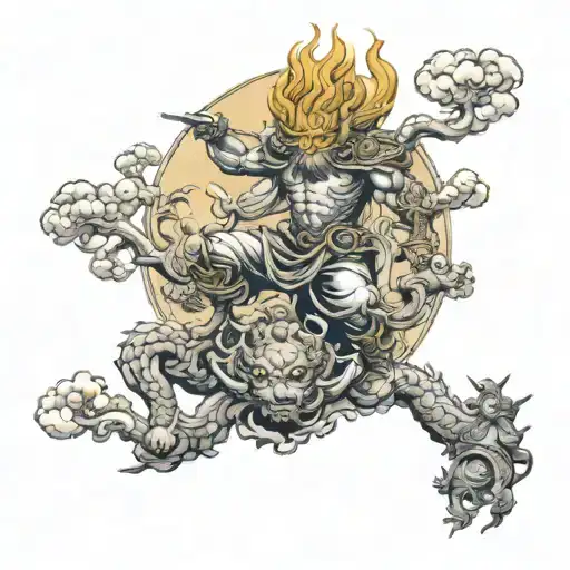 sun wukong is standing on a lift, looks at budha while there are many devils are chasing him  tattoo design idea