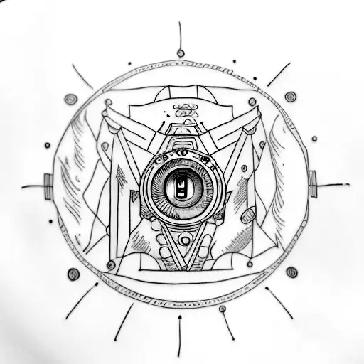 A tattoo of a camera lens with elvish script forming the aperture blades tattoo design idea