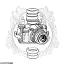 A tattoo of a camera lens with elvish script forming the aperture blades tattoo design idea