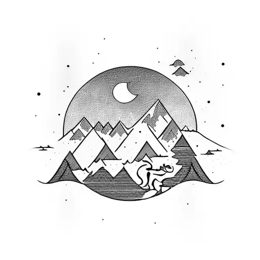 full sleeve tattoo including mountains, alpine trees, campsite, jeep, dog tattoo design idea