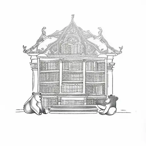 An intricate blackwork tattoo depicting a library made of stone, with shelves filled with books about history, fantasy, and music. A bear and a gorilla are sitting on top of the library, reading their favorite books. tattoo design idea