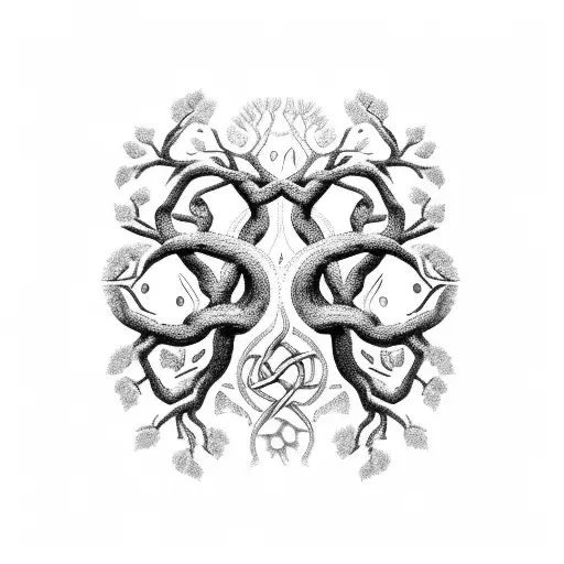 A black and grey tattoo of a celtic tree of life, with roots shaped like musical notes and branches adorned with historical symbols. A gorilla and a bear are peacefully resting under the tree. tattoo design idea