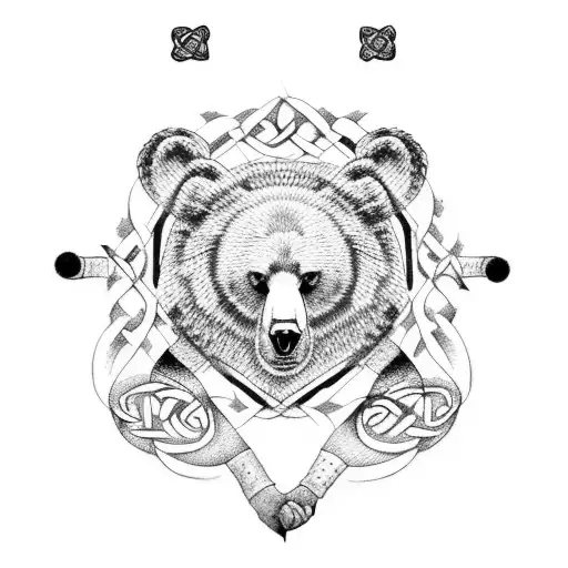 A majestic bear playing a musical instrument made of celtic knots and runes, with a backdrop of historical figures from different eras. tattoo design idea