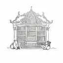 An intricate blackwork tattoo depicting a library made of stone, with shelves filled with books about history, fantasy, and music. A bear and a gorilla are sitting on top of the library, reading their favorite books. tattoo design idea