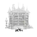 An intricate blackwork tattoo depicting a library made of stone, with shelves filled with books about history, fantasy, and music. A bear and a gorilla are sitting on top of the library, reading their favorite books. tattoo design idea