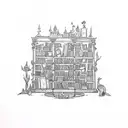 An intricate blackwork tattoo depicting a library made of stone, with shelves filled with books about history, fantasy, and music. A bear and a gorilla are sitting on top of the library, reading their favorite books. tattoo design idea