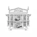 An intricate blackwork tattoo depicting a library made of stone, with shelves filled with books about history, fantasy, and music. A bear and a gorilla are sitting on top of the library, reading their favorite books. tattoo design idea