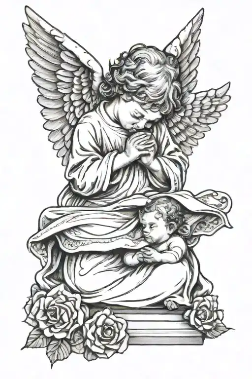 angels looking at baby angel praying hands holding tattoo design idea