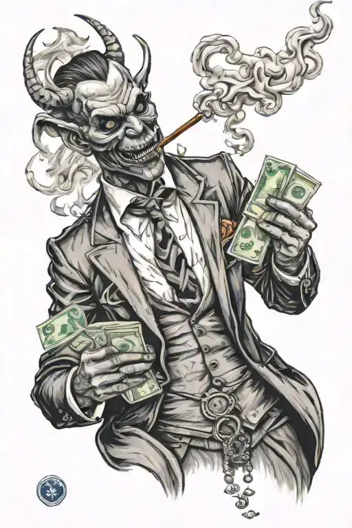 smoke , money , devil wears a suit holding jewelery tattoo design idea