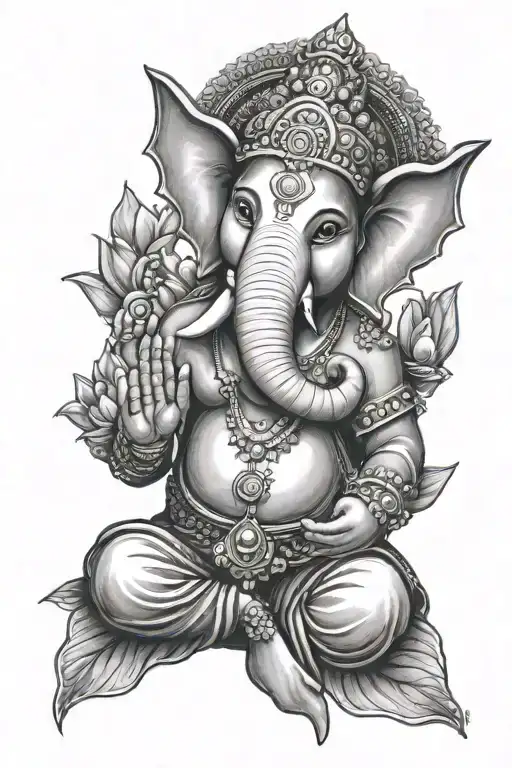 Black and Grey "Ganesha With Lotus Flower" Tattoo Idea BlackInk AI