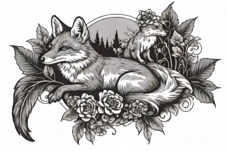 a fox sitting next to a crow surrounded by mushrooms and forest and flowers tattoo design idea