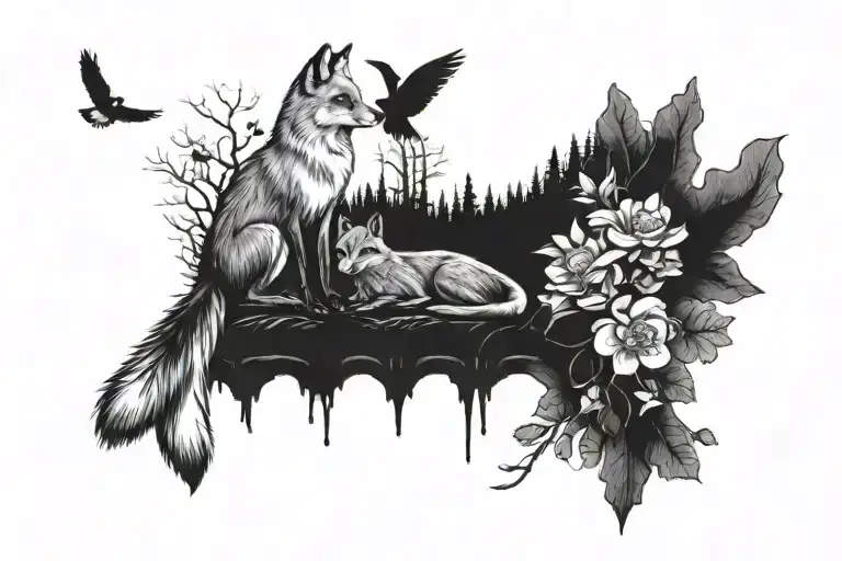 a fox sitting next to a crow with a forest background surrounded by morel mushrooms and flowers tattoo design idea
