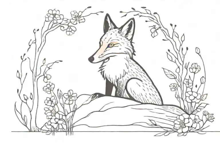 a fox sitting next to a crow with a forest background surrounded by morel mushrooms and flowers tattoo design idea