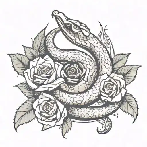 snake surrounding two roses and a moon on the hand with ornamental details tattoo design idea