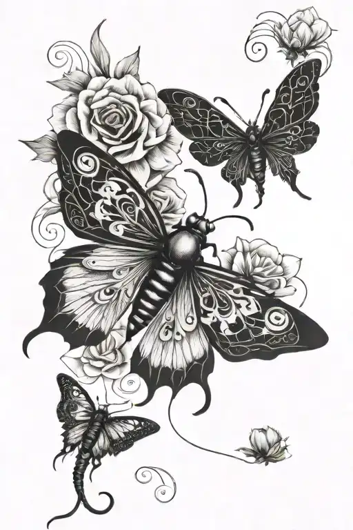 Gothic insect and flower flowing with beautiful wings and graceful tattoo design idea