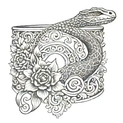 ornamental and floral cuff with a snake and a moon on the hand tattoo design idea