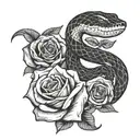 snake surrounding two roses with ornamental details tattoo design idea