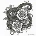 snake surrounding two roses with ornamental details tattoo design idea
