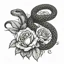 snake surrounding two roses with ornamental details tattoo design idea