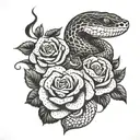 snake surrounding two roses with ornamental details tattoo design idea