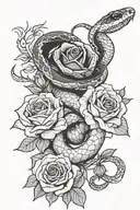 snake surrounding two roses with ornamental details tattoo design idea