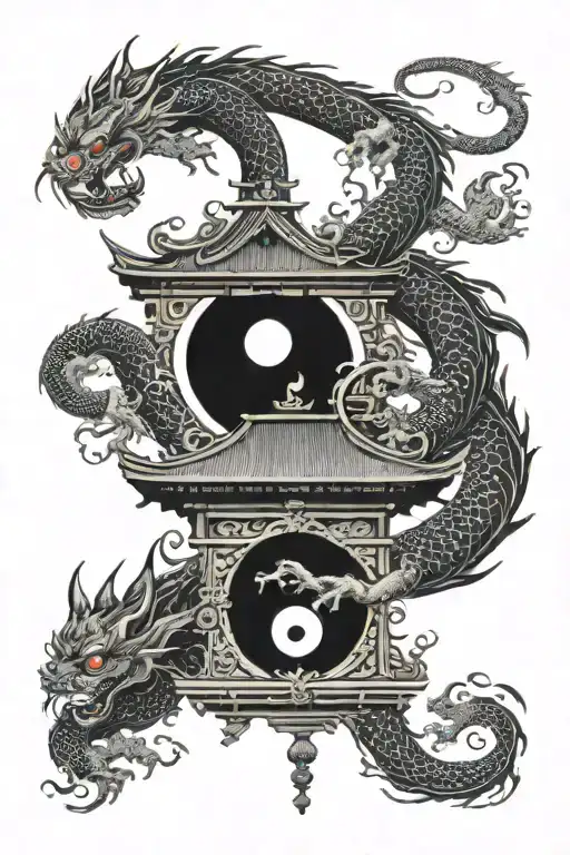 japanese Temple with Demons and Dragons forming an Yin-Yang symbol tattoo design idea