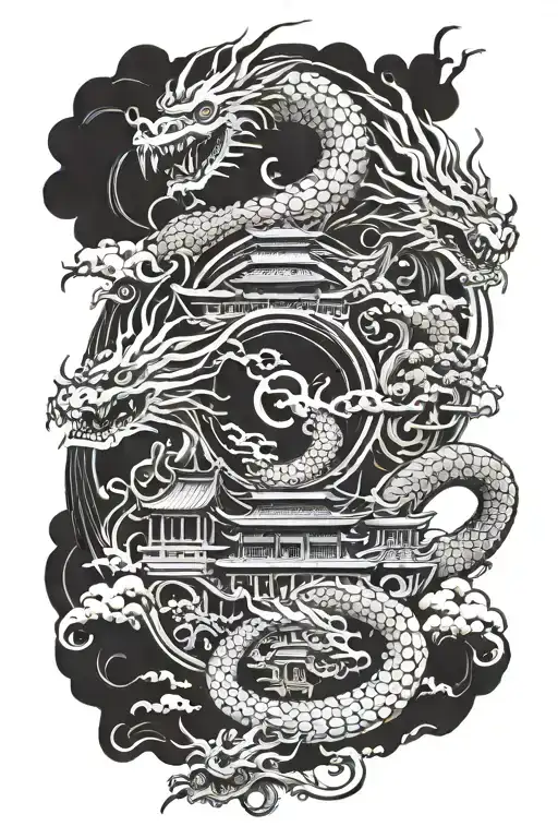 japanese Temple with Demons and Dragons forming an Yin-Yang symbol tattoo design idea