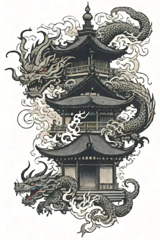 Japanese Temple with Demons and Dragons forming ying tattoo design idea